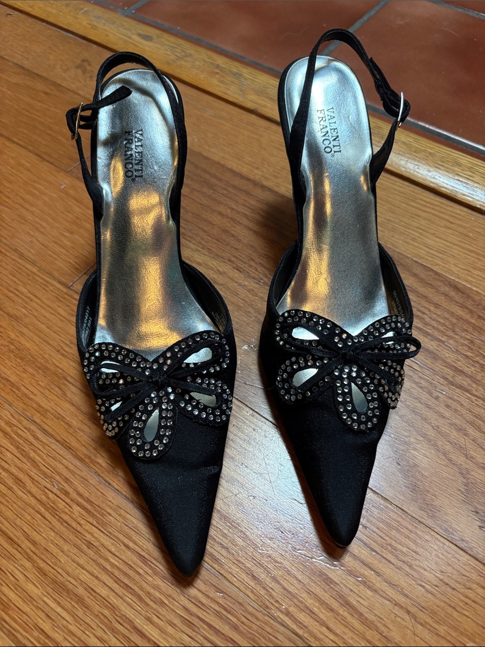 Valenti Franco Black Slingback Pointed-Toe Heels with Crystal Bow
